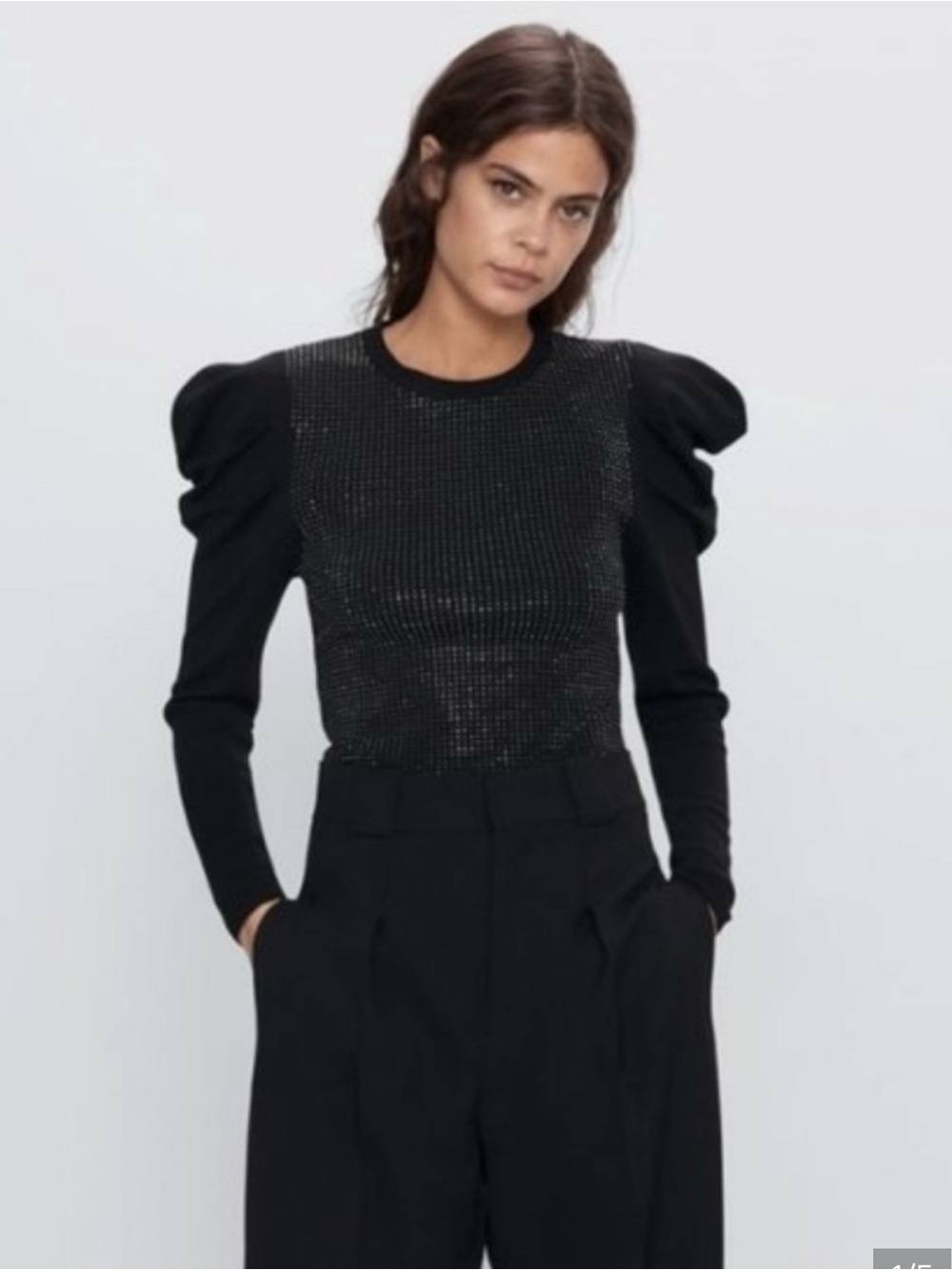 Zara Black sparkly voluminous Puff-Sleeve studded Long-Sleeve sweater